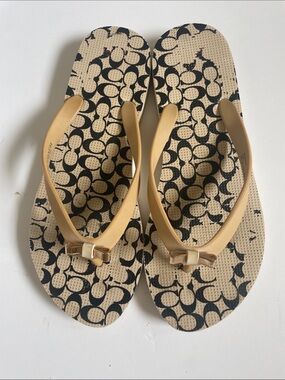 Coach Beige-Strap Sandals with Signature Black & White Footbed